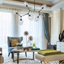 Lustre moderno contemporâneo de 8 luzes com cúpula de vidro transparente e lâmpada (preto dourado)