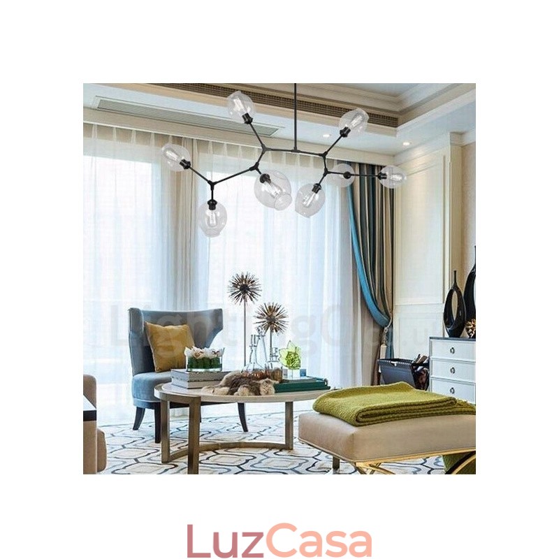Lustre moderno contemporâneo de 8 luzes com cúpula de vidro transparente e lâmpada (preto dourado)