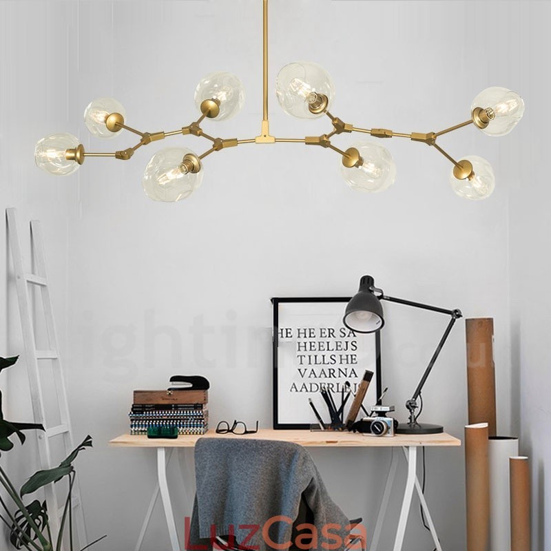 Lustre moderno contemporâneo de 8 luzes com cúpula de vidro transparente e lâmpada (preto dourado)