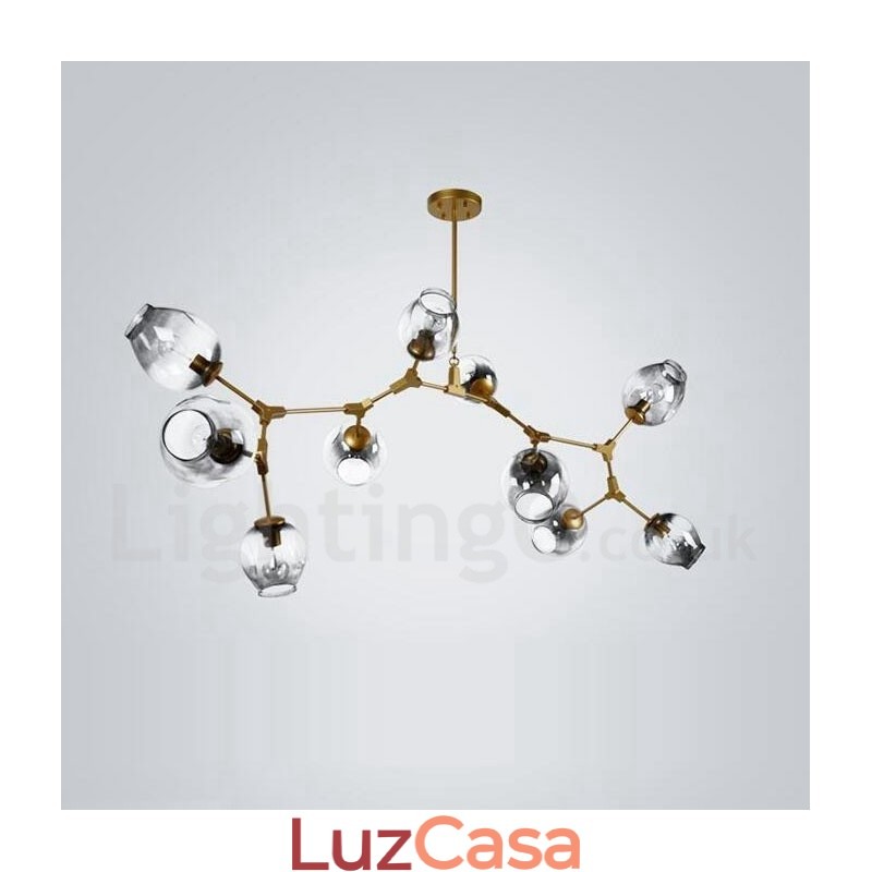 Lustre dourado de 10 luzes com cúpula de vidro, estilo contemporâneo moderno