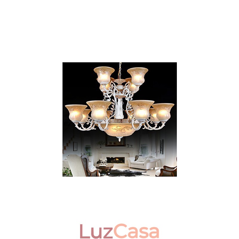 Lustre Branco Quinze Luzes Padrão Vidro Sombra Mão Dourado Europeu Retro Clássico