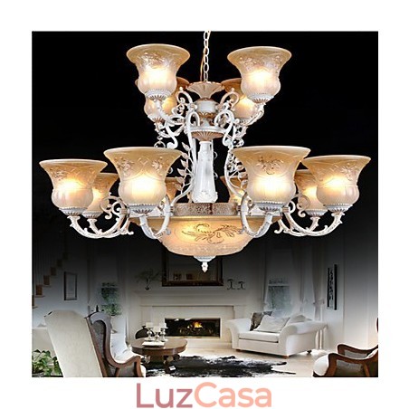 Lustre Branco Quinze Luzes Padrão Vidro Sombra Mão Dourado Europeu Retro Clássico