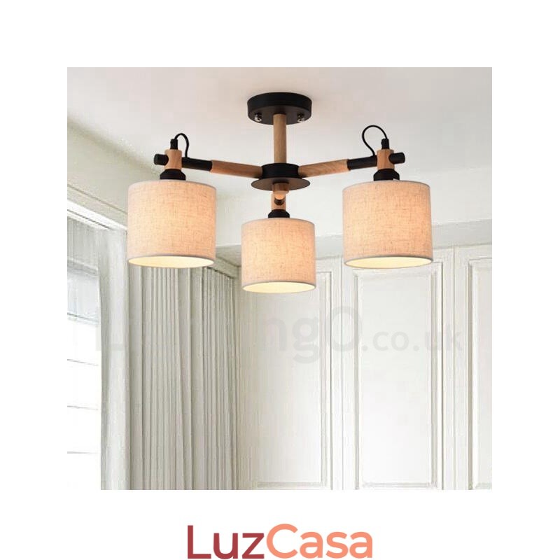 Lustre moderno contemporâneo de madeira com 3 luzes de nível único e sombra de tecido de tambor e
