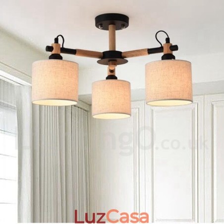 Lustre moderno contemporâneo de madeira com 3 luzes de nível único e sombra de tecido de tambor e Lustre moderno contemporâneo de madeira com 3 luzes de nível único e sombra de tecido de tambor e