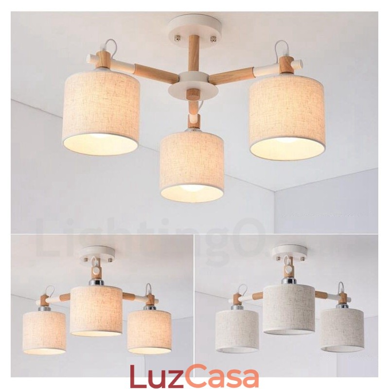 Lustre moderno contemporâneo de madeira com 3 luzes de nível único e sombra de tecido de tambor e
