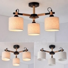 Lustre moderno contemporâneo de madeira com 3 luzes de nível único e sombra de tecido de tambor e