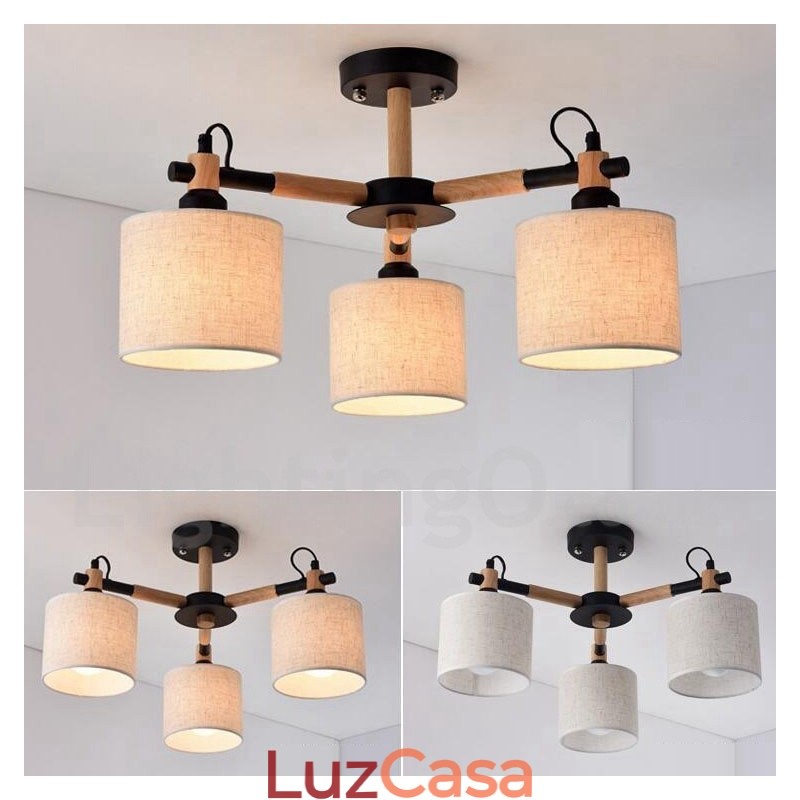 Lustre moderno contemporâneo de madeira com 3 luzes de nível único e sombra de tecido de tambor e