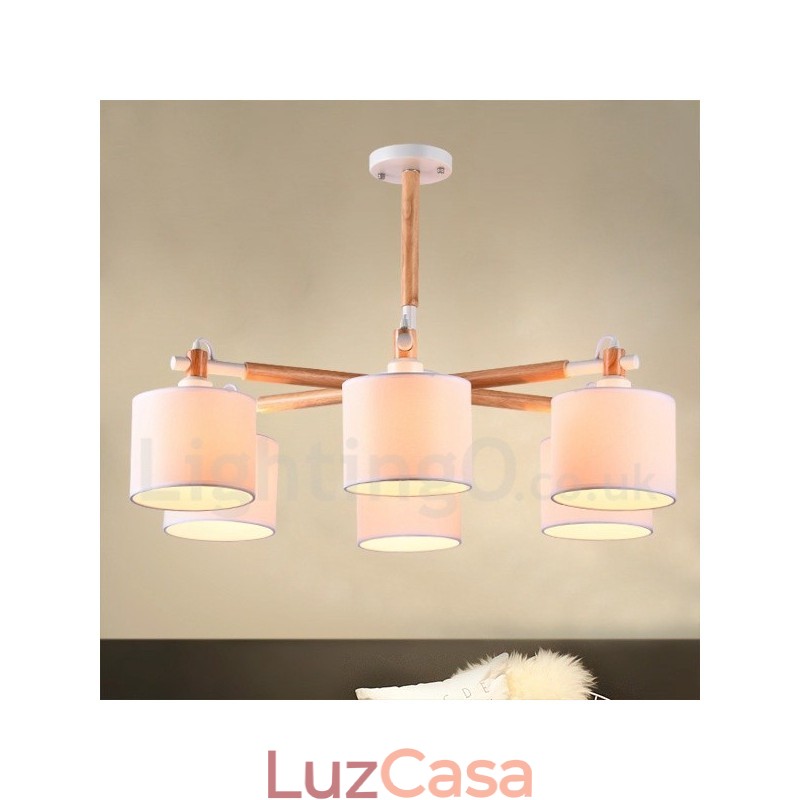 Lustre moderno contemporâneo de madeira com 6 luzes e tecido de tambor (preto e branco)
