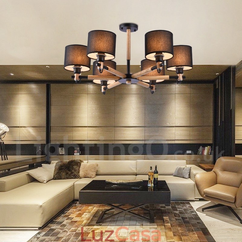 Lustre moderno contemporâneo de madeira com 6 luzes e tecido de tambor (preto e branco)