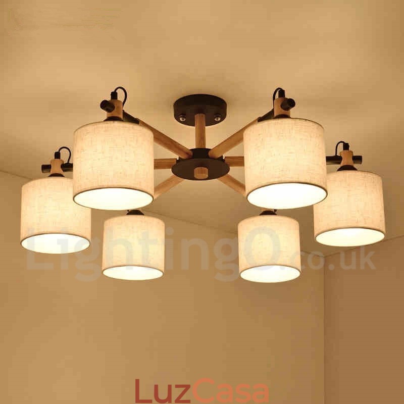 Lustre moderno contemporâneo de madeira com 6 luzes e tecido de tambor (preto e branco)