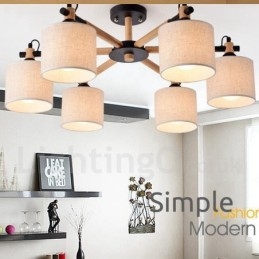 Lustre moderno contemporâneo de madeira com 6 luzes e tecido de tambor (preto e branco)
