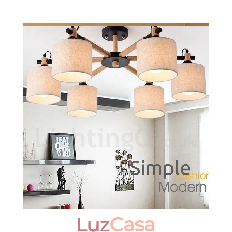 Lustre moderno contemporâneo de madeira com 6 luzes e tecido de tambor (preto e branco)