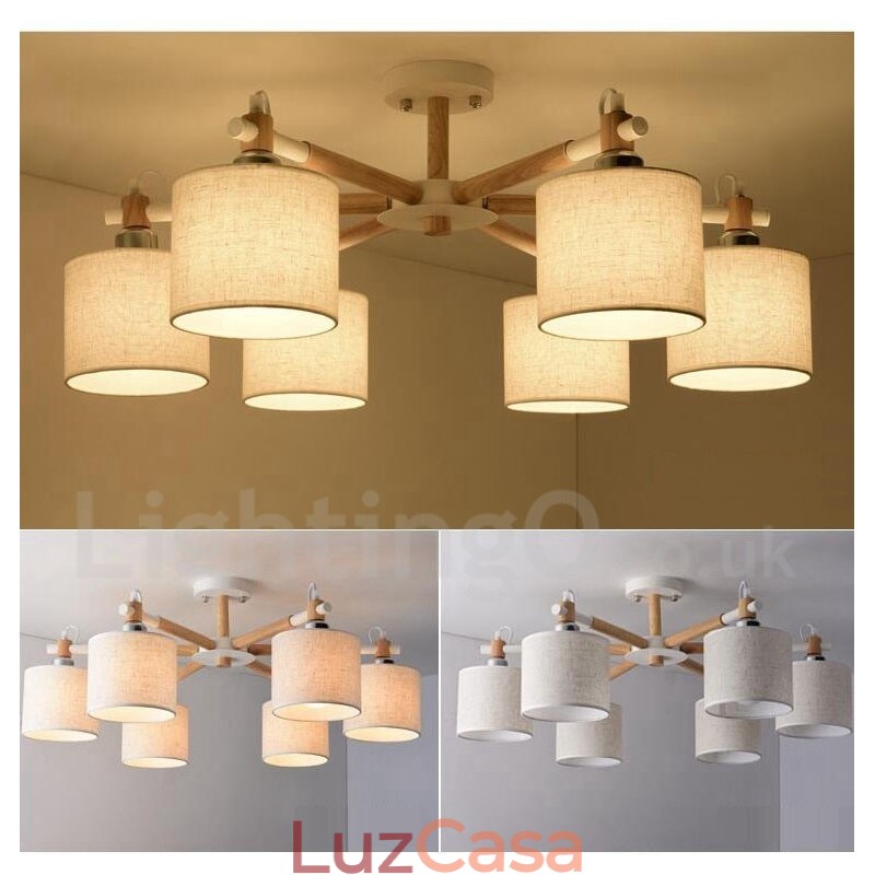 Lustre moderno contemporâneo de madeira com 6 luzes e tecido de tambor (preto e branco)