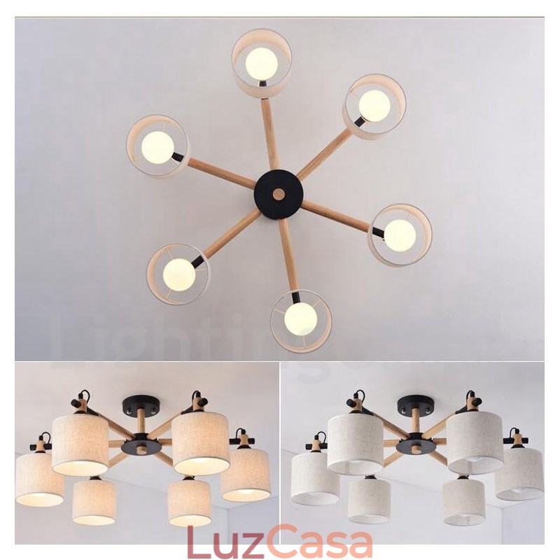 Lustre moderno contemporâneo de madeira com 6 luzes e tecido de tambor (preto e branco)