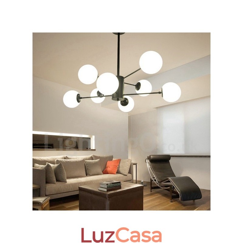 Lustre de metal preto, moderno, contemporâneo, de 8 luzes, 2 níveis, com cúpula de vidro