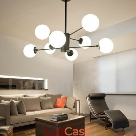 Lustre de metal preto, moderno, contemporâneo, de 8 luzes, 2 níveis, com cúpula de vidro Lustre de metal preto, moderno, contemporâneo, de 8 luzes, 2 níveis, com cúpula de vidro