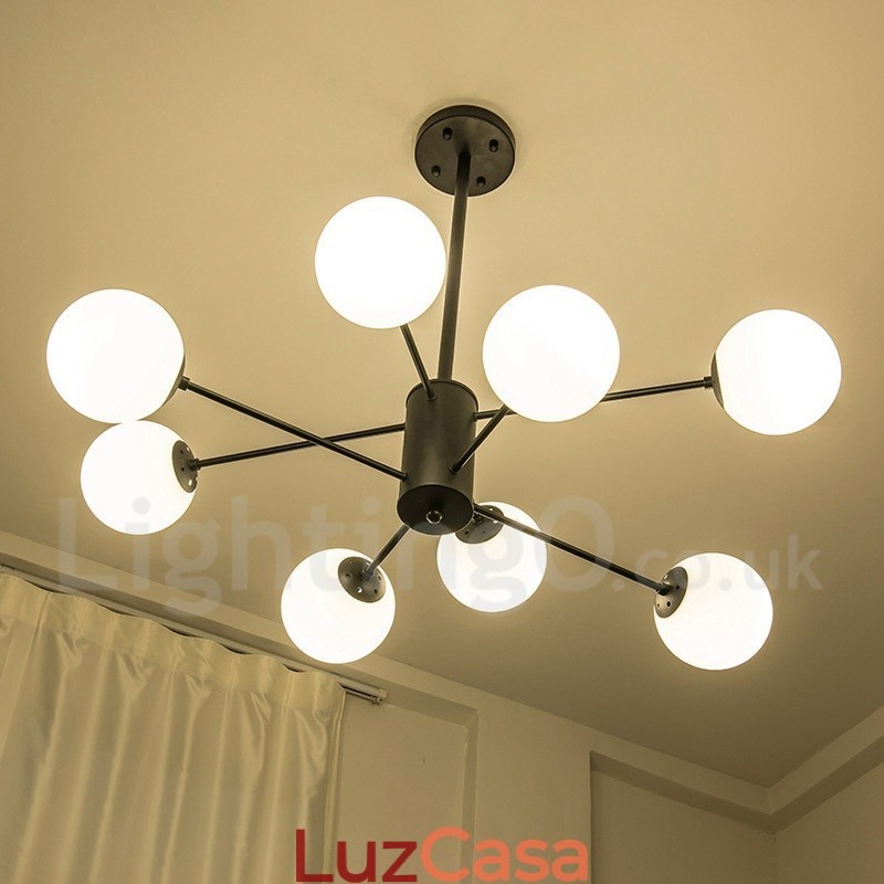Lustre de metal preto, moderno, contemporâneo, de 8 luzes, 2 níveis, com cúpula de vidro