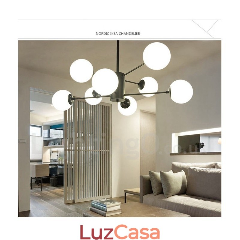 Lustre de metal preto, moderno, contemporâneo, de 8 luzes, 2 níveis, com cúpula de vidro