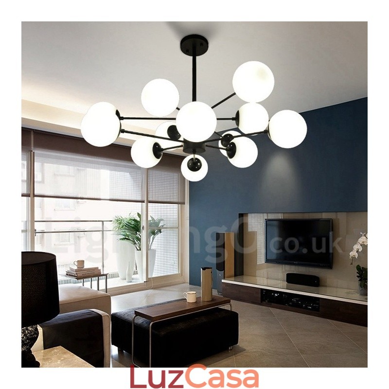 Lustre de metal preto de 12 luzes e 2 níveis com cúpula de vidro estilo contemporâneo moderno
