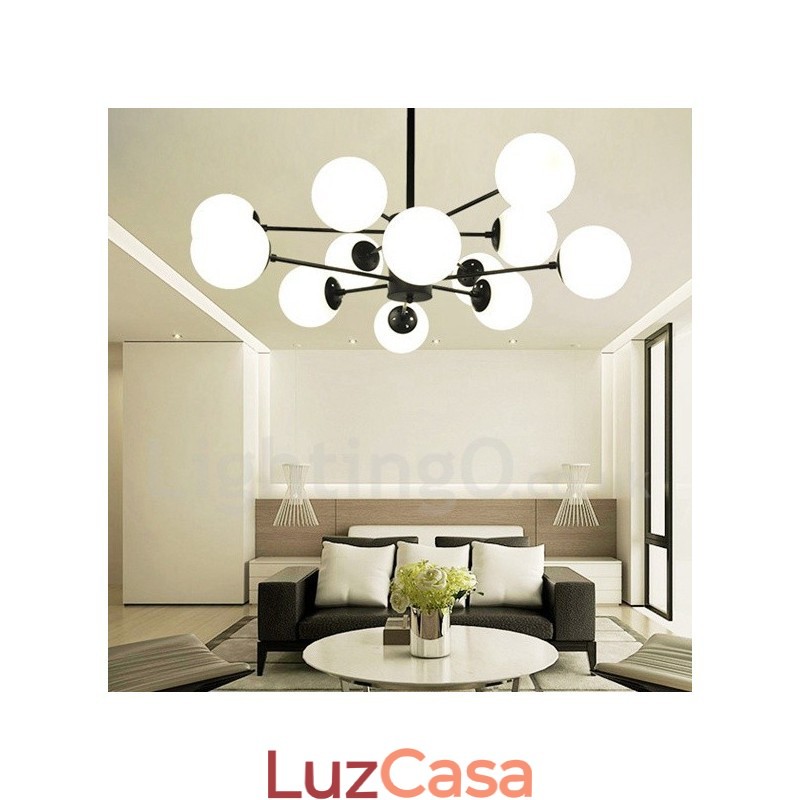 Lustre de metal preto de 12 luzes e 2 níveis com cúpula de vidro estilo contemporâneo moderno