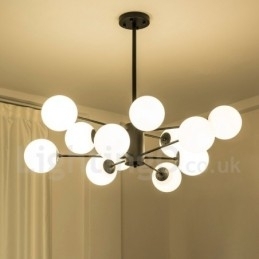 Lustre de metal preto de 12 luzes e 2 níveis com cúpula de vidro estilo contemporâneo moderno