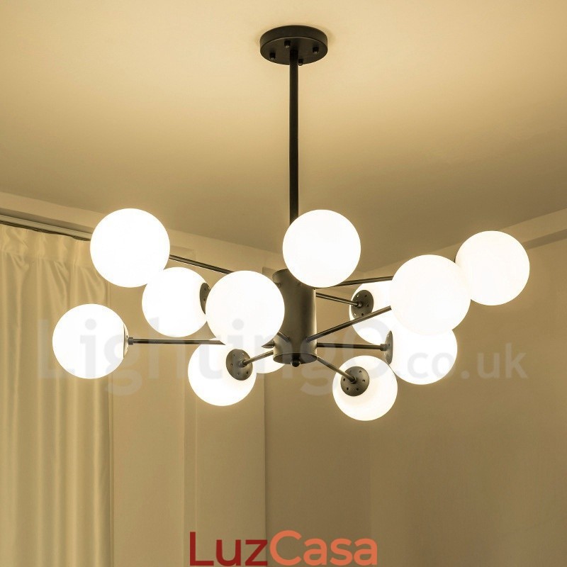 Lustre de metal preto de 12 luzes e 2 níveis com cúpula de vidro estilo contemporâneo moderno