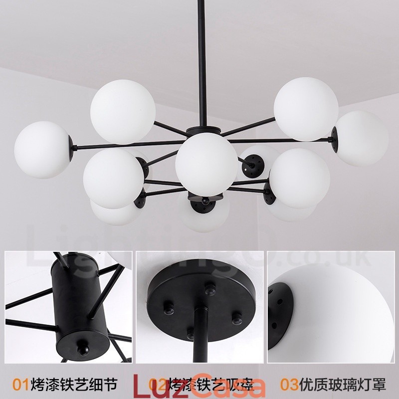 Lustre de metal preto de 12 luzes e 2 níveis com cúpula de vidro estilo contemporâneo moderno