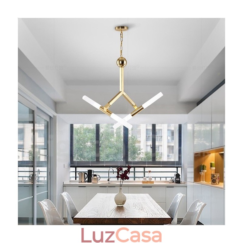 Lustre moderno contemporâneo de 2 níveis e 4 luzes dourado
