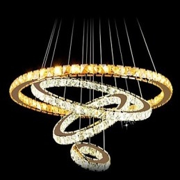 Lustre de teto moderno com pingente de cristal, luminária com 4 anéis, anel grande, cristal âmbar e outros cristais transparentes