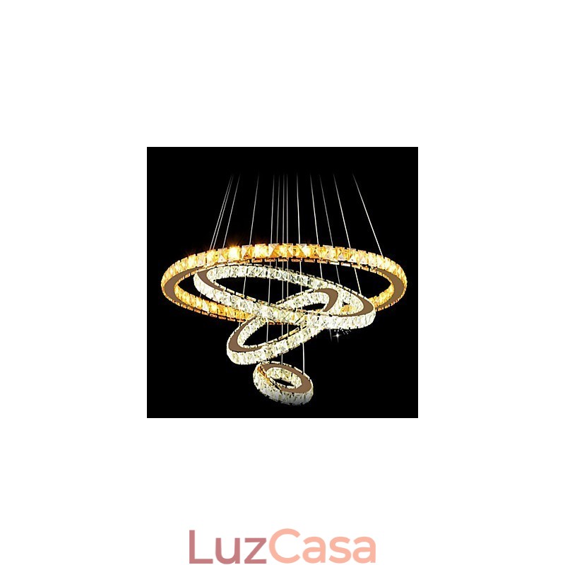 Lustre de teto moderno com pingente de cristal, luminária com 4 anéis, anel grande, cristal âmbar e outros cristais transparentes