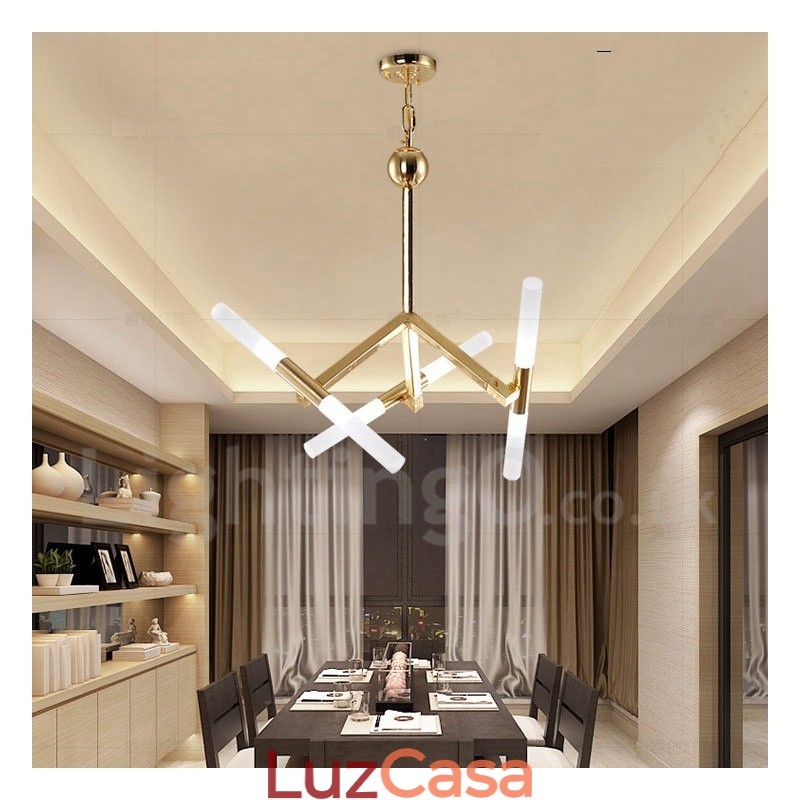 Lustre moderno contemporâneo de 2 níveis e 6 luzes dourado