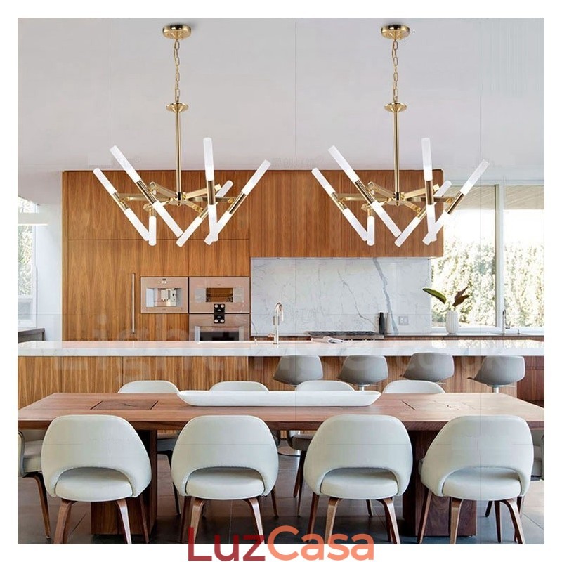 Lustre moderno contemporâneo de 2 níveis e 12 luzes dourado