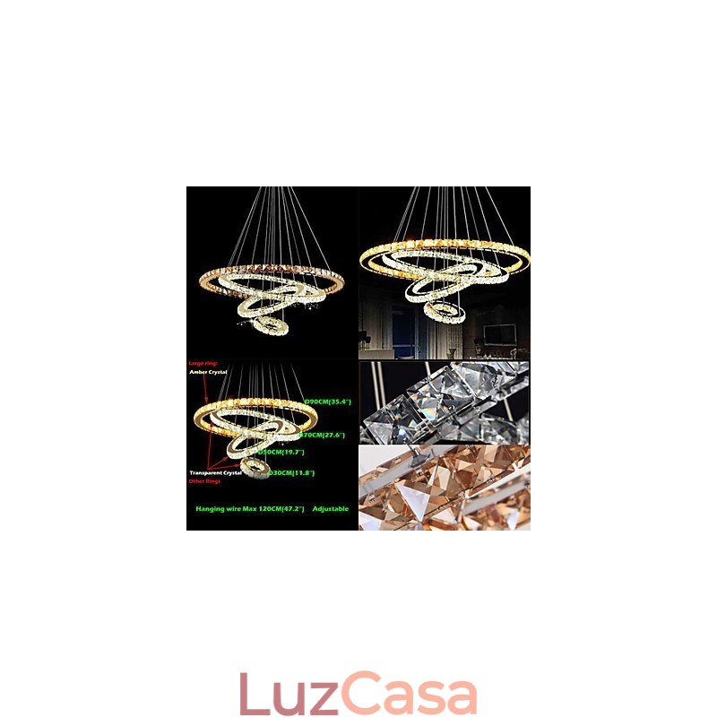 Lustre de teto moderno com pingente de cristal, luminária com 4 anéis, anel grande, cristal âmbar e outros cristais transparentes