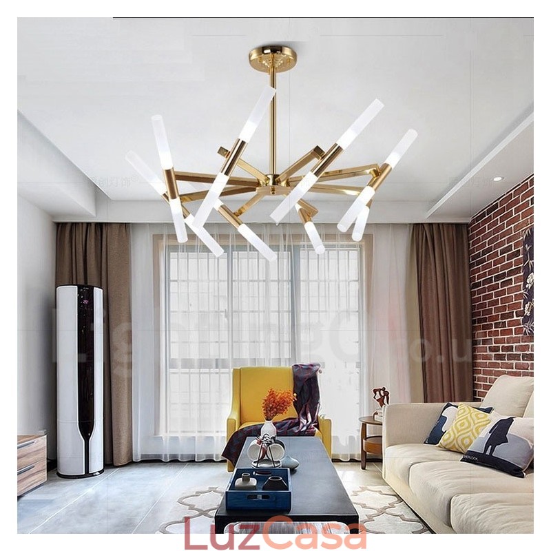 Lustre moderno contemporâneo de 2 níveis e 16 luzes dourado