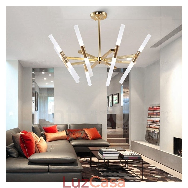 Lustre moderno contemporâneo de 2 níveis e 16 luzes dourado