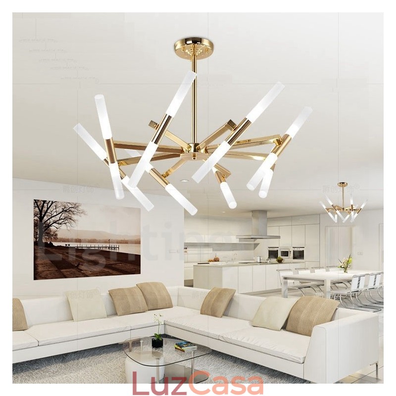 Lustre moderno contemporâneo de 2 níveis e 16 luzes dourado