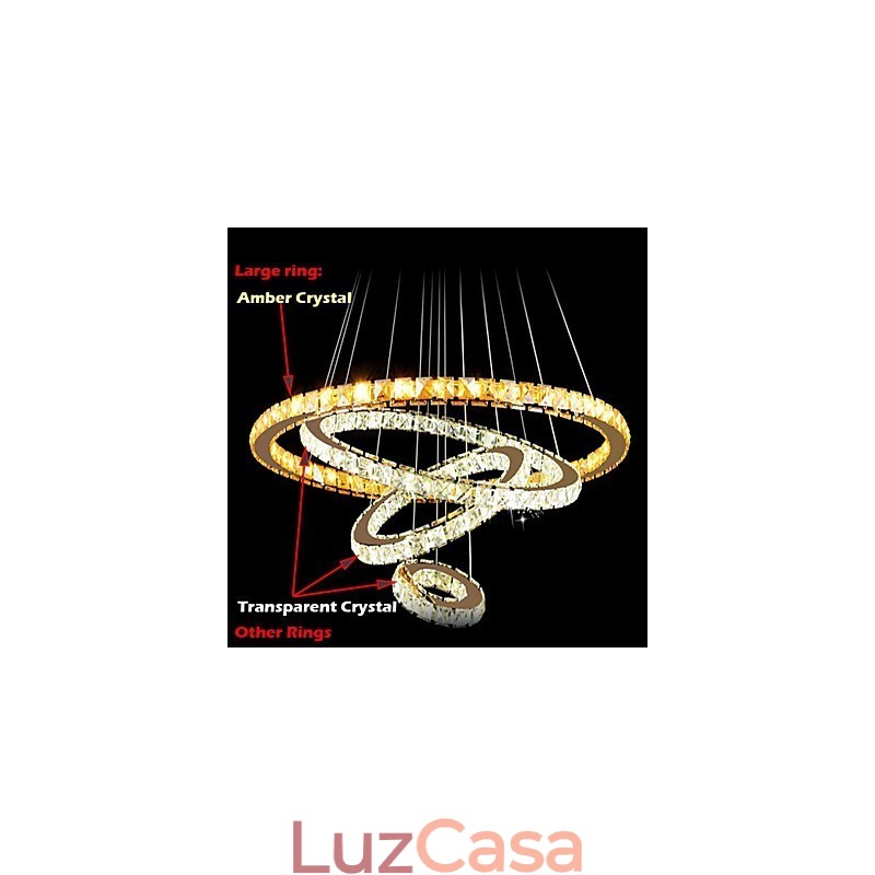 Lustre de teto moderno com pingente de cristal, luminária com 4 anéis, anel grande, cristal âmbar e outros cristais transparentes