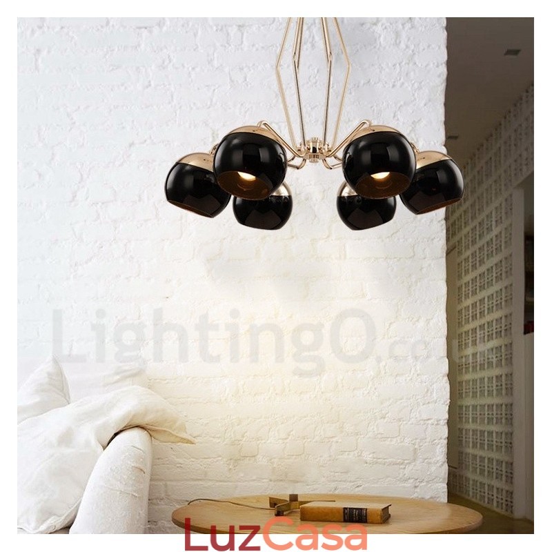 Lustre de metal contemporâneo moderno de 6 luzes com camada única e cúpula de vidro