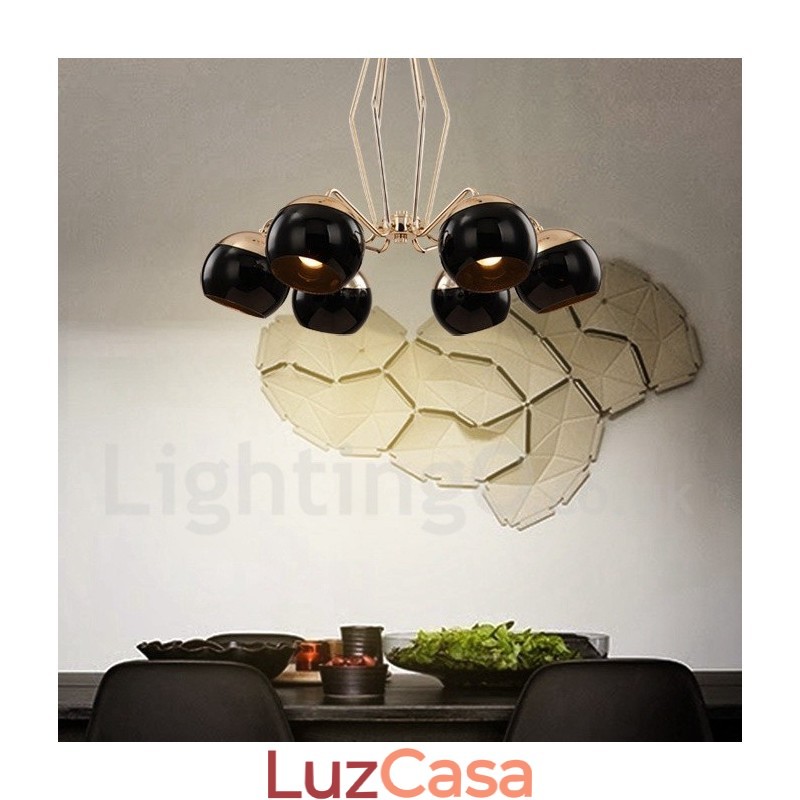 Lustre de metal contemporâneo moderno de 6 luzes com camada única e cúpula de vidro