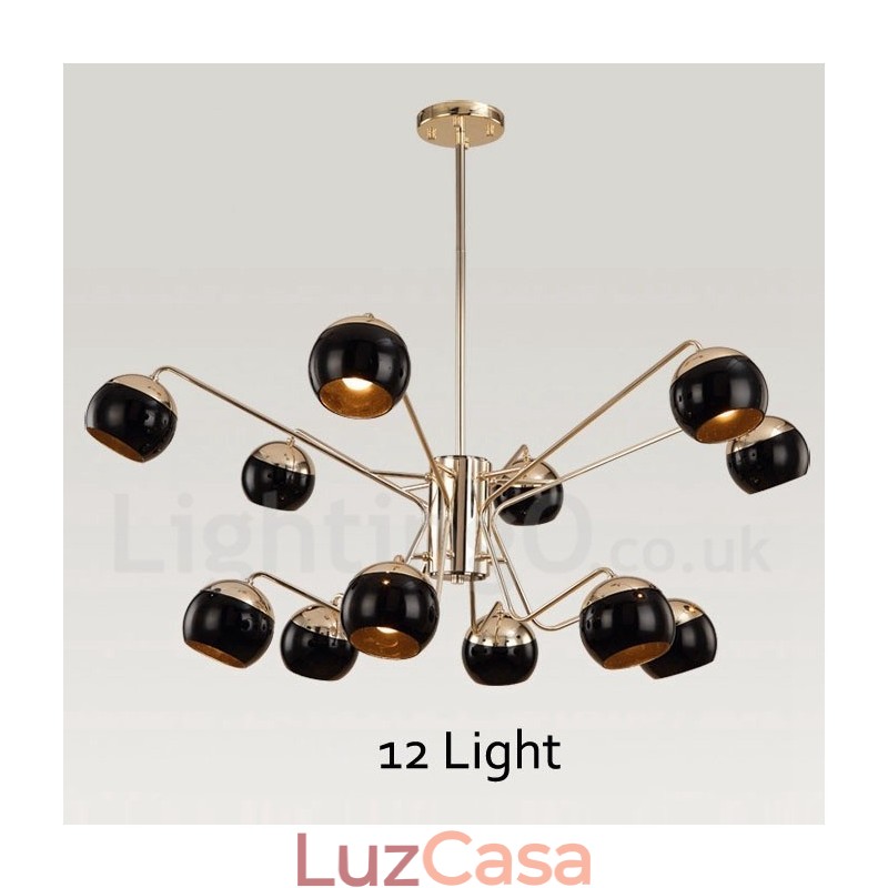 Lustre de metal contemporâneo moderno de 12 luzes e 2 níveis com cúpula de vidro