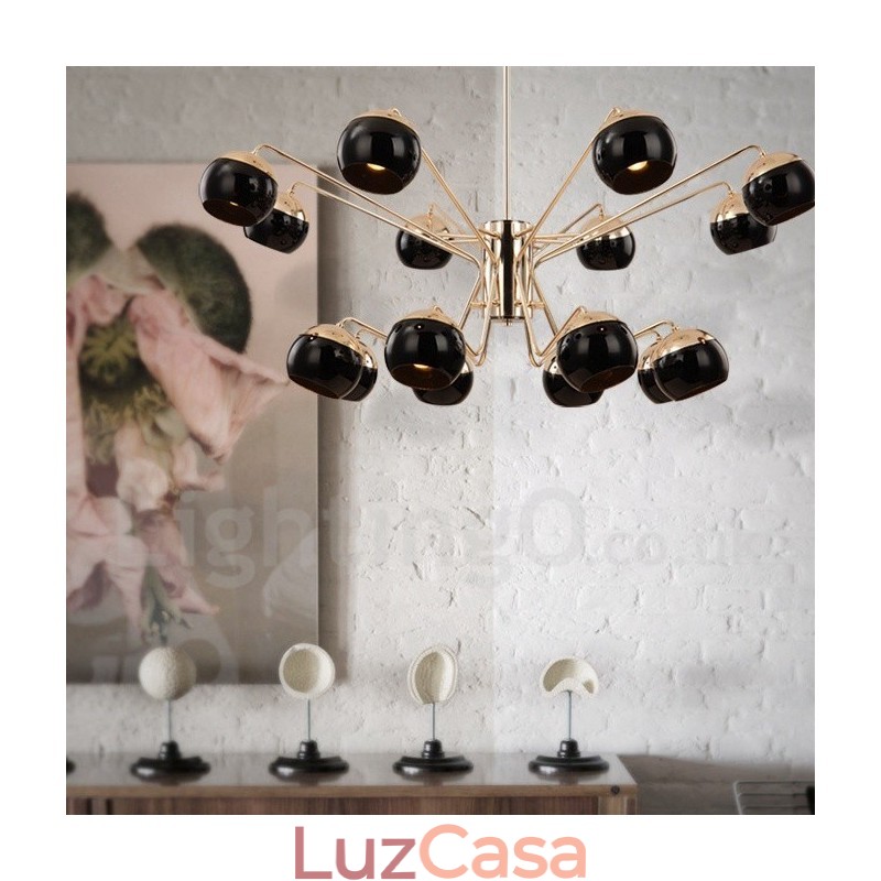 Lustre de metal contemporâneo moderno de 16 luzes e 2 níveis com cúpula de vidro