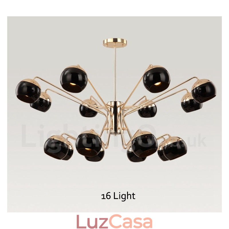 Lustre de metal contemporâneo moderno de 16 luzes e 2 níveis com cúpula de vidro