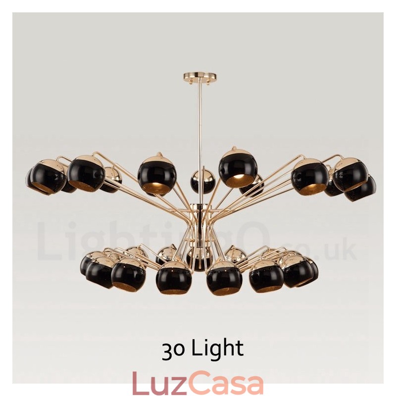 Lustre de metal contemporâneo moderno de 30 luzes e 2 níveis com cúpula de vidro
