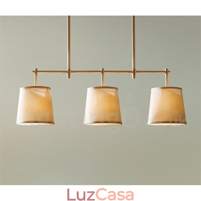 Lustre de cobre retrô country com 3 luzes e abajur de tecido