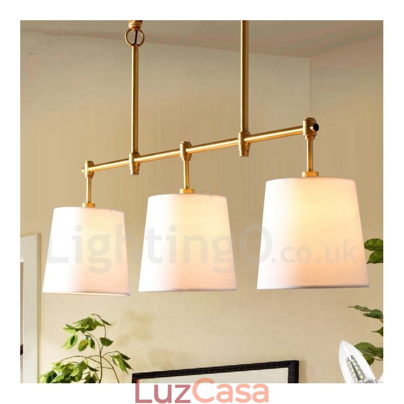 Lustre de cobre retrô country com 3 luzes e abajur de tecido