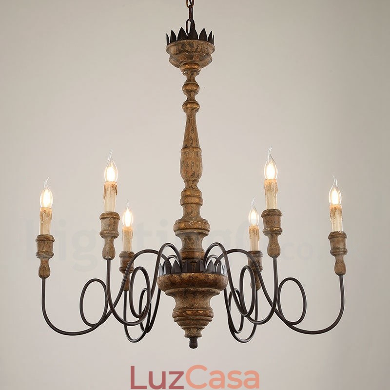 Lustre de madeira vintage country com 6 luzes