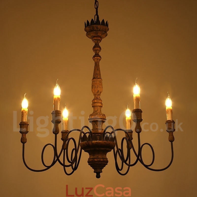 Lustre de madeira vintage country com 6 luzes
