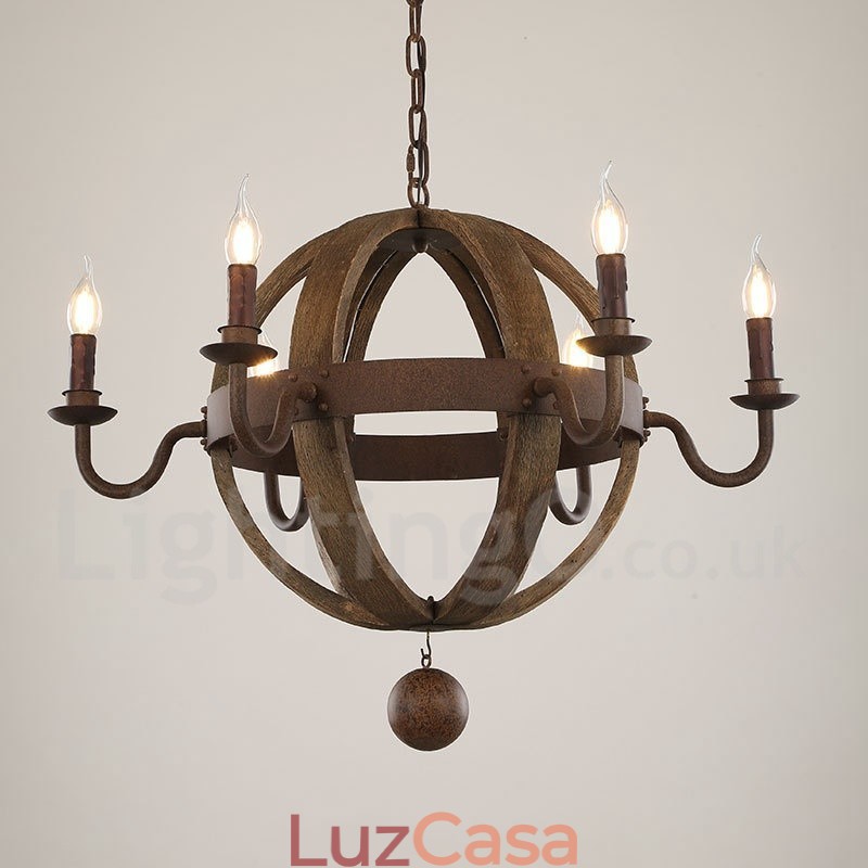Lustre de madeira vintage country com 6 luzes