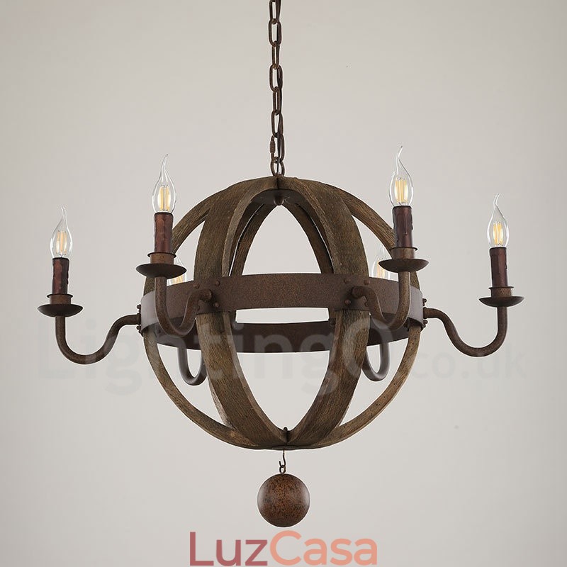 Lustre de madeira vintage country com 6 luzes