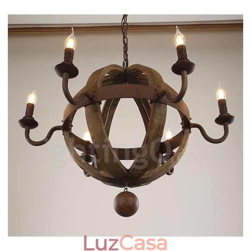 Lustre de madeira vintage country com 6 luzes